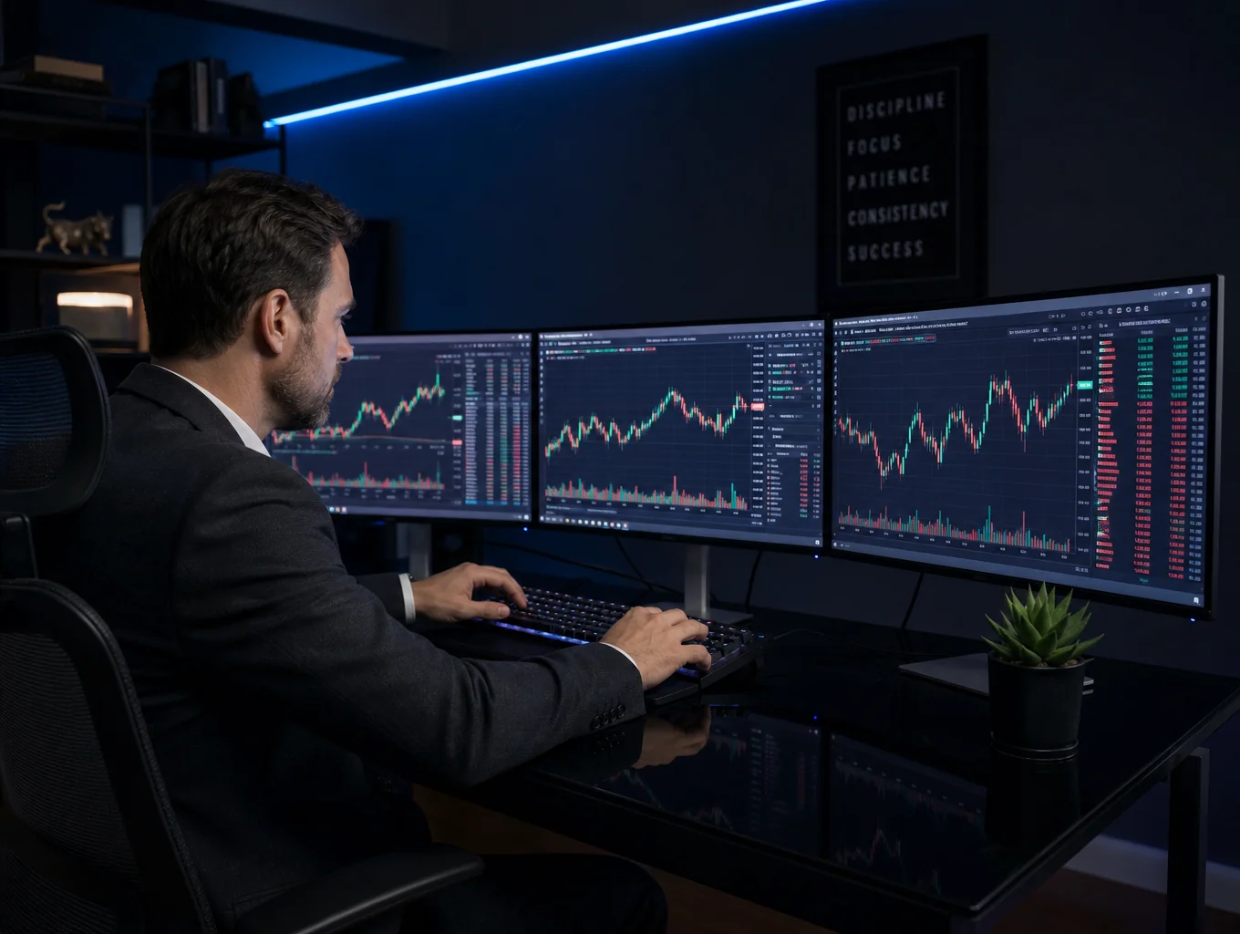 Quantitative trader viewing real-time financial market analytics across multi-monitor displays